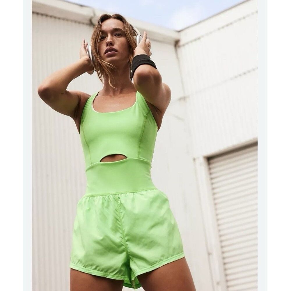 Free People  FP Movement Righteous Runsie Neon Lime Romper Sz L NWOT pickleball